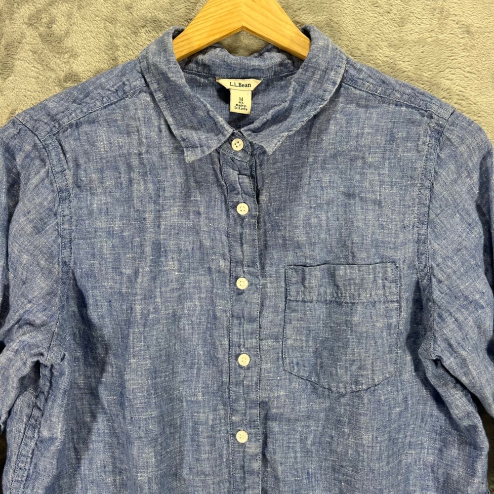 LL BEAN Linen Button Down Shirt Womens M Blue Long Sleeve 299906